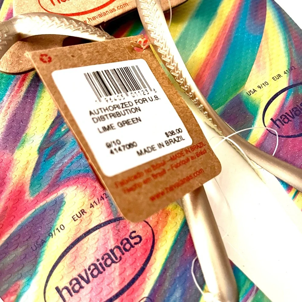 Havaianas Rainbow Swirl Flip Flops with Gold Straps Lime Green 9/10 women - Picture 6 of 8